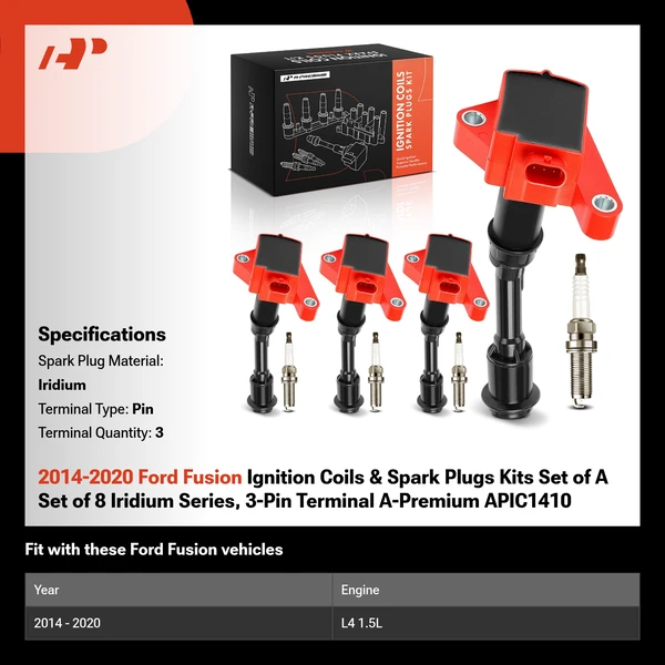 2014-2020 Ford Fusion Ignition Coils & Spark Plugs Kits Set of A Set of 8 Iridium Series, 3-Pin Terminal A-Premium APIC1410