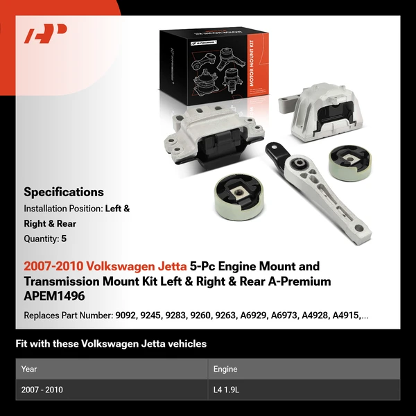 2007-2010 Volkswagen Jetta 5-Pc Engine Mount and Transmission Mount Kit Left & Right & Rear A-Premium APEM1496