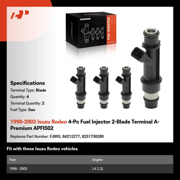 1998-2003 Isuzu Rodeo 4-Pc Fuel Injector 2-Blade Terminal A-Premium APFI502