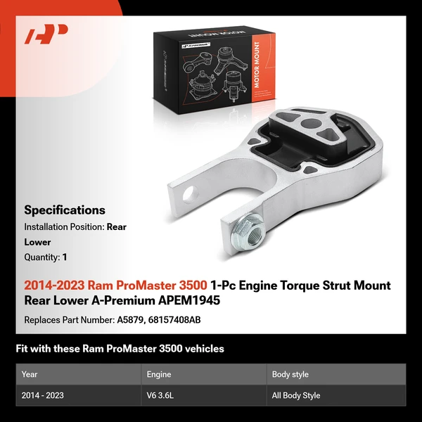 2014-2023 Ram ProMaster 3500 1-Pc Engine Torque Strut Mount Rear Lower A-Premium APEM1945