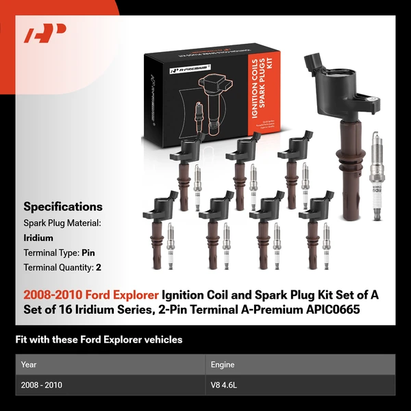 2008-2010 Ford Explorer Ignition Coil and Spark Plug Kit Set of A Set of 16 Iridium Series, 2-Pin Terminal A-Premium APIC0665