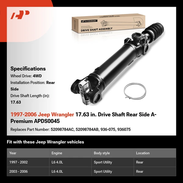 1997-2006 Jeep Wrangler 17.63 in. Drive Shaft Rear Side A-Premium APDS0045