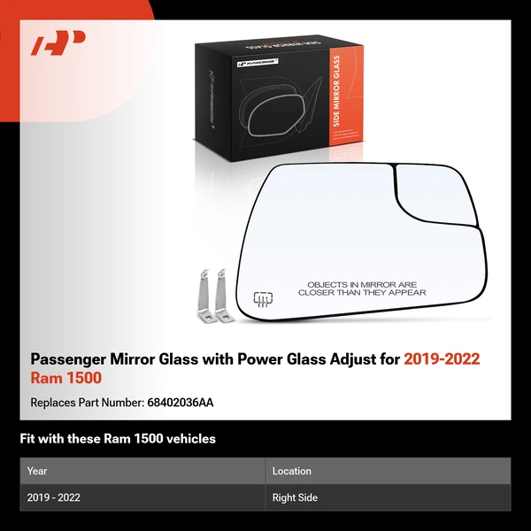 Passenger Mirror Glass with Power Glass Adjust for 2019-2022 Ram 1500