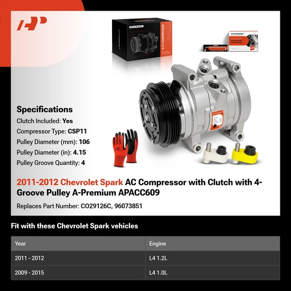2011-2012 Chevrolet Spark AC Compressor with Clutch with 4-Groove Pulley A-Premium APACC609
