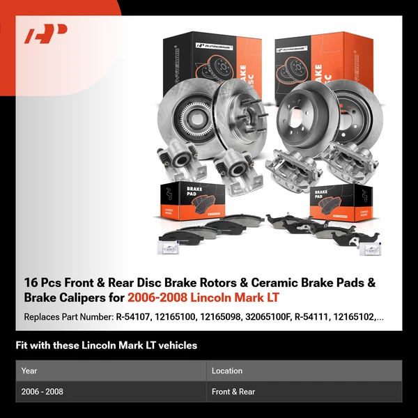 16 Pcs Front & Rear Disc Brake Rotors & Ceramic Brake Pads & Brake Calipers for 2006-2008 Lincoln Mark LT