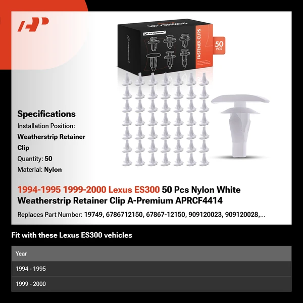 1994-1995 1999-2000 Lexus ES300 50 Pcs Nylon White Weatherstrip Retainer Clip A-Premium APRCF4414