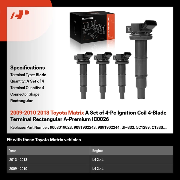2009-2010 2013 Toyota Matrix A Set of 4-Pc Ignition Coil 4-Blade Terminal Rectangular A-Premium IC0026