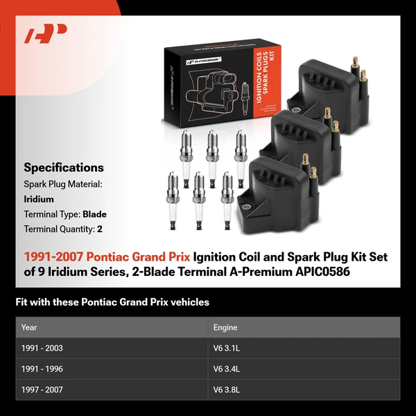 1991-2007 Pontiac Grand Prix Ignition Coil and Spark Plug Kit Set of 9 Iridium Series, 2-Blade Terminal A-Premium APIC0586