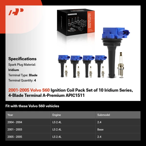 2001-2005 Volvo S60 Ignition Coil Pack Set of 10 Iridium Series, 4-Blade Terminal A-Premium APIC1511