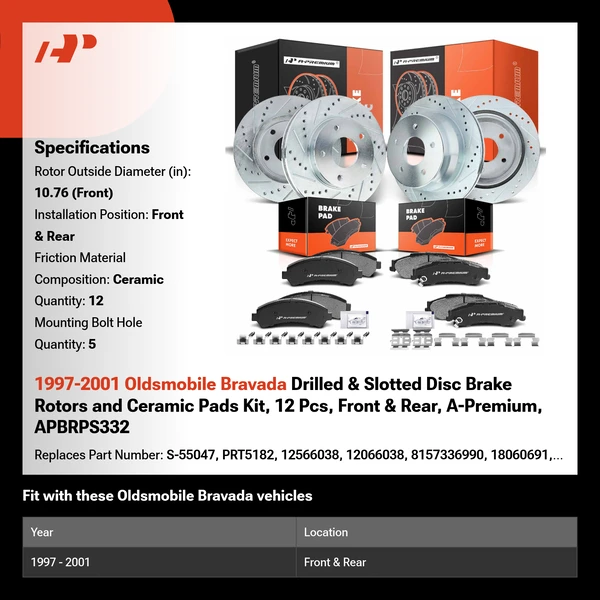 1997-2001 Oldsmobile Bravada Drilled & Slotted Disc Brake Rotors and Ceramic Pads Kit, 12 Pcs, Front & Rear, A-Premium, APBRPS332