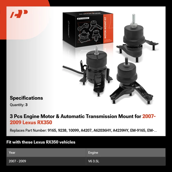 3 Pcs Engine Motor & Automatic Transmission Mount for 2007-2009 Lexus RX350