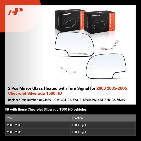 2 Pcs Mirror Glass Heated with Turn Signal for 2003 2005-2006 Chevrolet Silverado 1500 HD
