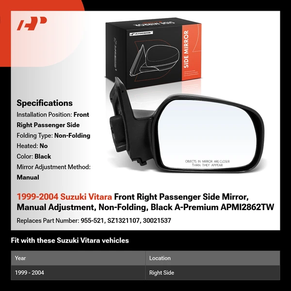 1999-2004 Suzuki Vitara Front Right Passenger Side Mirror, Manual Adjustment, Non-Folding, Black A-Premium APMI2862TW