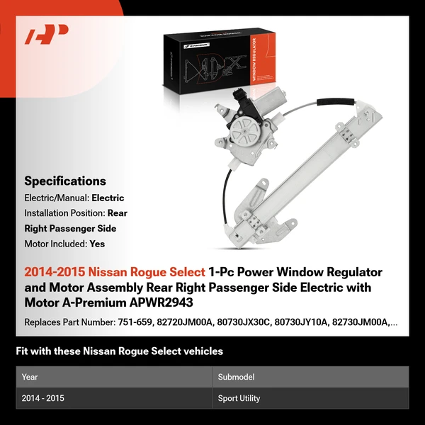 2014-2015 Nissan Rogue Select 1-Pc Power Window Regulator and Motor Assembly Rear Right Passenger Side Electric with Motor A-Premium APWR2943