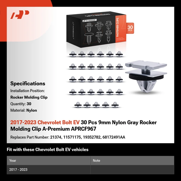 2017-2023 Chevrolet Bolt EV 30 Pcs 9mm Nylon Gray Rocker Molding Clip A-Premium APRCF967