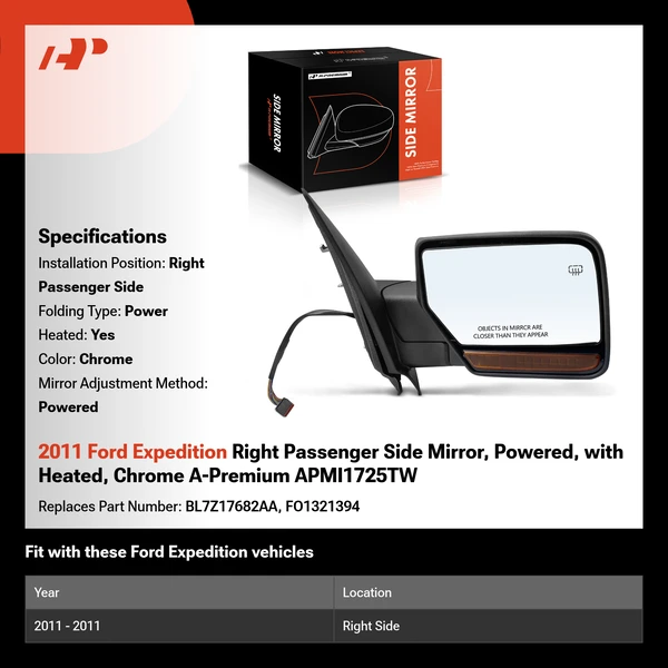 2011 Ford Expedition Right Passenger Side Mirror, Powered, with Heated, Chrome A-Premium APMI1725TW
