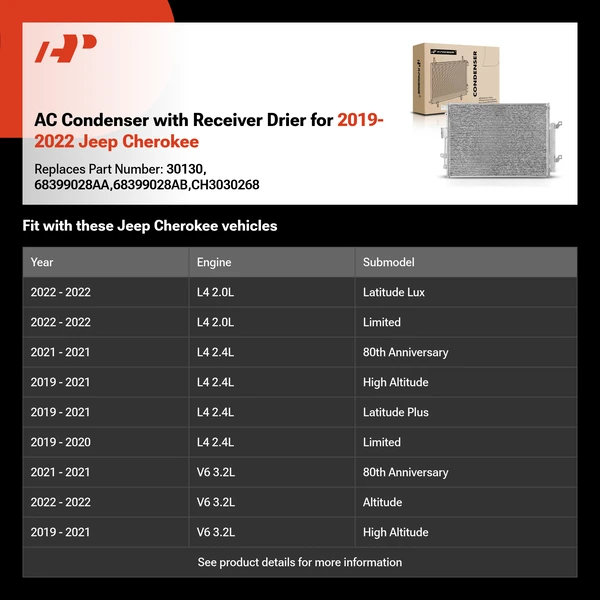 AC Condenser with Receiver Drier for 2019-2022 Jeep Cherokee
