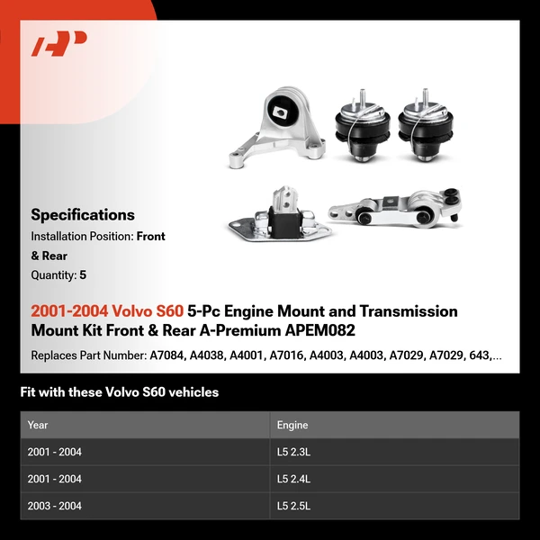 2001-2004 Volvo S60 5-Pc Engine Mount and Transmission Mount Kit Front & Rear A-Premium APEM082