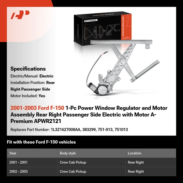 2001-2003 Ford F-150 1-Pc Power Window Regulator and Motor Assembly Rear Right Passenger Side Electric with Motor A-Premium APWR2121