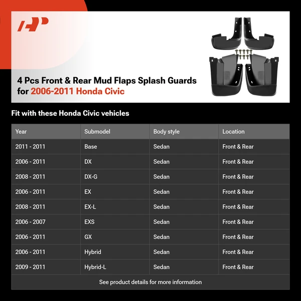 4 Pcs Front & Rear Mud Flaps Splash Guards for 2006-2011 Honda Civic
