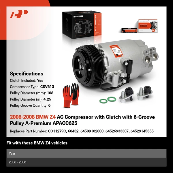 2006-2008 BMW Z4 AC Compressor with Clutch with 6-Groove Pulley A-Premium APACC625
