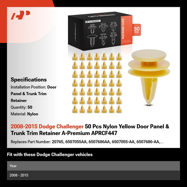 2008-2015 Dodge Challenger 50 Pcs Nylon Yellow Door Panel & Trunk Trim Retainer A-Premium APRCF447