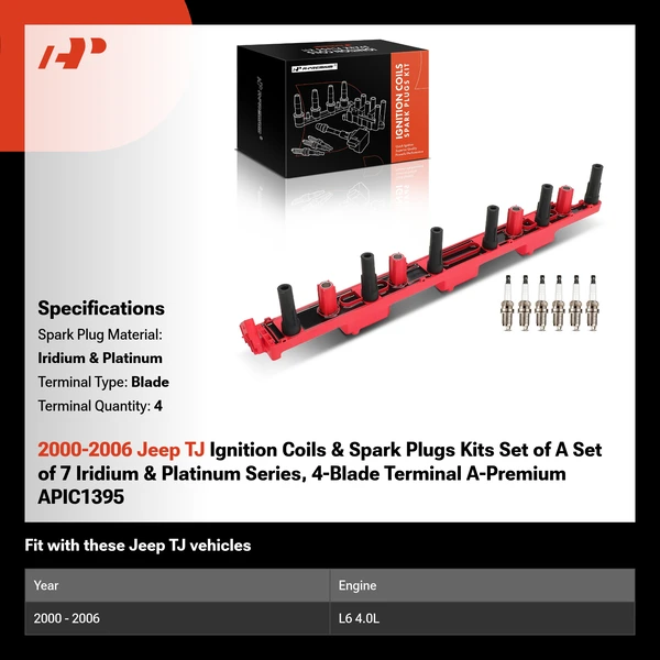 2000-2006 Jeep TJ Ignition Coils & Spark Plugs Kits Set of A Set of 7 Iridium & Platinum Series, 4-Blade Terminal A-Premium APIC1395