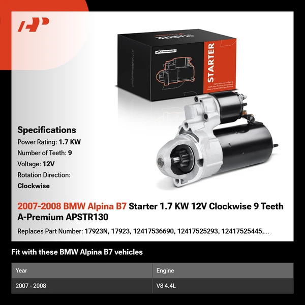 2007-2008 BMW Alpina B7 Starter 1.7 KW 12V Clockwise 9 Teeth A-Premium APSTR130