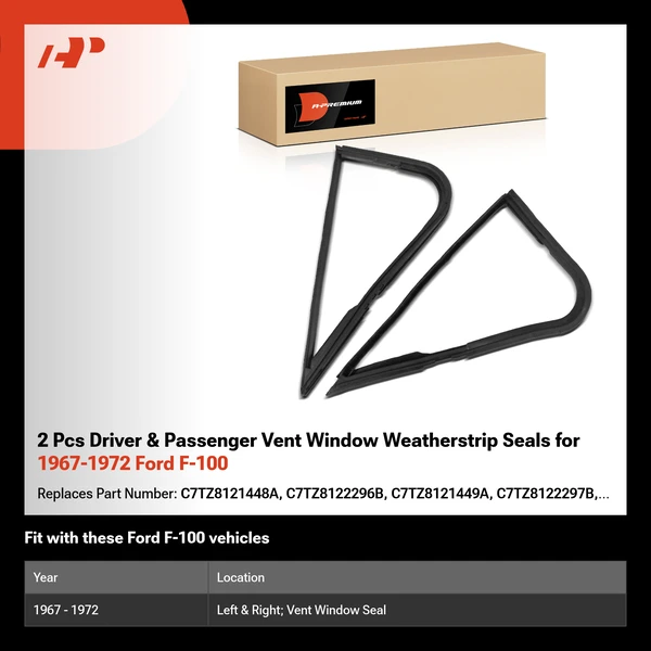 2 Pcs Driver & Passenger Vent Window Weatherstrip Seals for 1967-1972 Ford F-100