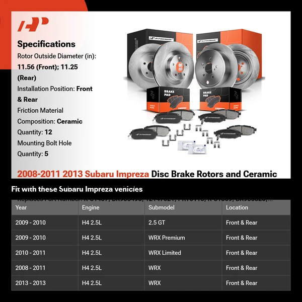 2008-2011 2013 Subaru Impreza Disc Brake Rotors and Ceramic Pads Kit, 12 Pcs, Front & Rear, A-Premium, APBRPR301