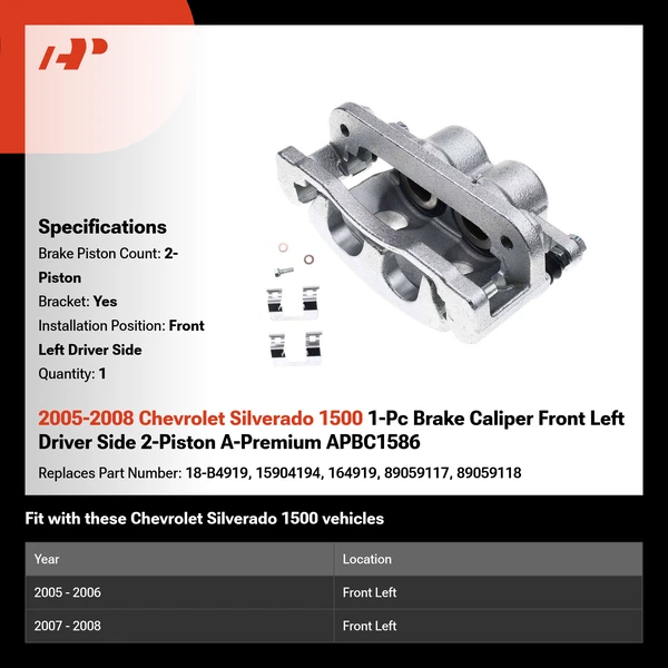2005-2008 Chevrolet Silverado 1500 1-Pc Brake Caliper Front Left Driver Side 2-Piston A-Premium APBC1586