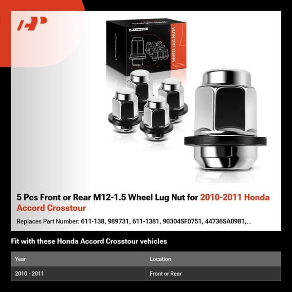 5 Pcs Front or Rear M12-1.5 Wheel Lug Nut for 2010-2011 Honda Accord Crosstour