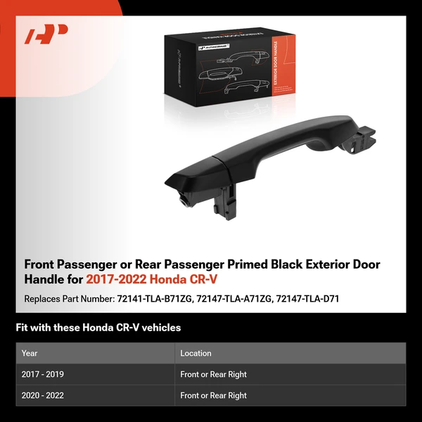 Front Passenger or Rear Passenger Primed Black Exterior Door Handle for 2017-2022 Honda CR-V
