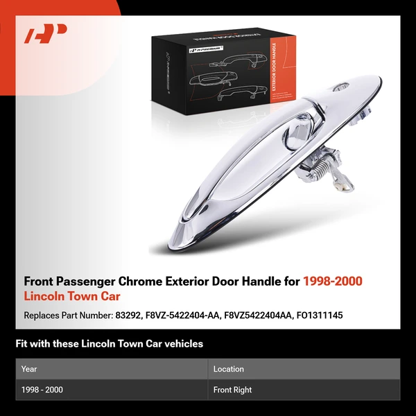 Front Passenger Chrome Exterior Door Handle for 1998-2000 Lincoln Town Car