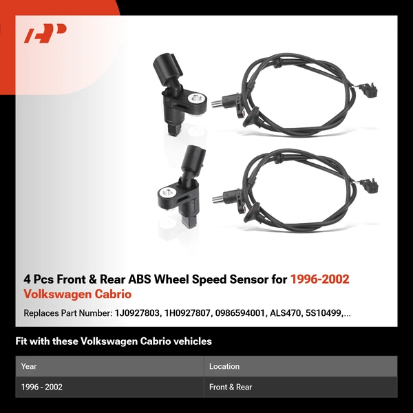 4 Pcs Front & Rear ABS Wheel Speed Sensor for 1996-2002 Volkswagen Cabrio