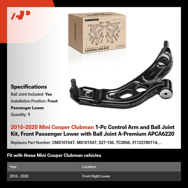 2016-2020 Mini Cooper Clubman 1-Pc Control Arm and Ball Joint Kit, Front Passenger Lower with Ball Joint A-Premium APCA6220