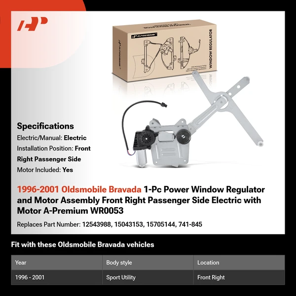 1996-2001 Oldsmobile Bravada 1-Pc Power Window Regulator and Motor Assembly Front Right Passenger Side Electric with Motor A-Premium WR0053