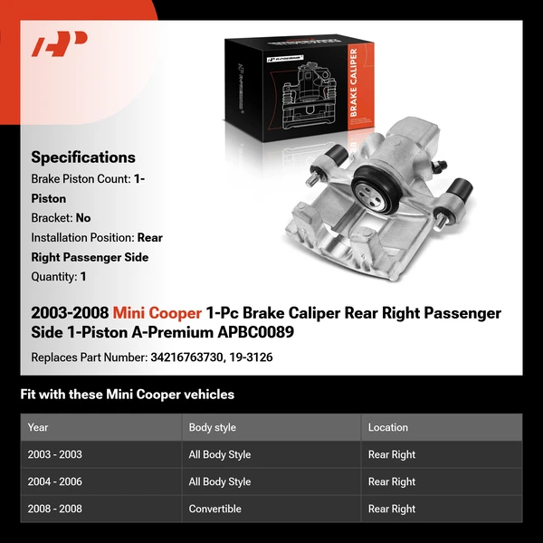 2003-2008 Mini Cooper 1-Pc Brake Caliper Rear Right Passenger Side 1-Piston A-Premium APBC0089