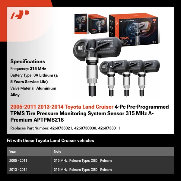 2005-2011 2013-2014 Toyota Land Cruiser 4-Pc Pre-Programmed TPMS Tire Pressure Monitoring System Sensor 315 MHz A-Premium APTPMS218