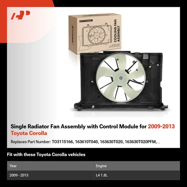 Single Radiator Fan Assembly with Control Module for 2009-2013 Toyota Corolla