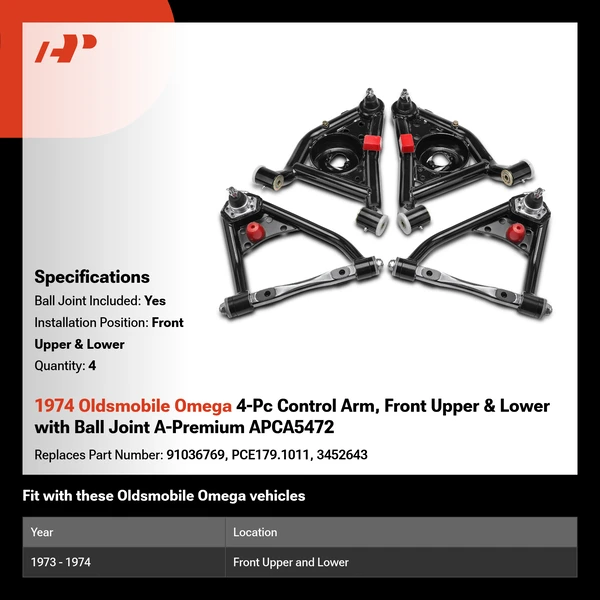 1974 Oldsmobile Omega 4-Pc Control Arm, Front Upper & Lower with Ball Joint A-Premium APCA5472