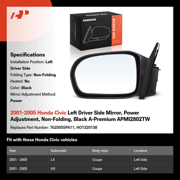 2001-2005 Honda Civic Left Driver Side Mirror, Power Adjustment, Non-Folding, Black A-Premium APMI2802TW