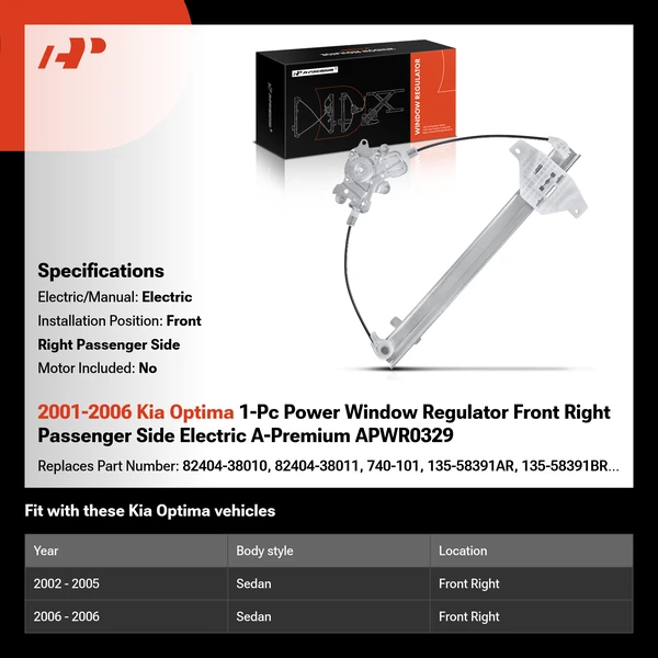 2001-2006 Kia Optima 1-Pc Power Window Regulator Front Right Passenger Side Electric A-Premium APWR0329