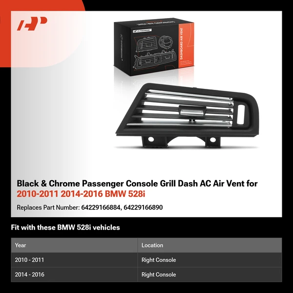 Black & Chrome Passenger Console Grill Dash AC Air Vent for 2010-2011 2014-2016 BMW 528i