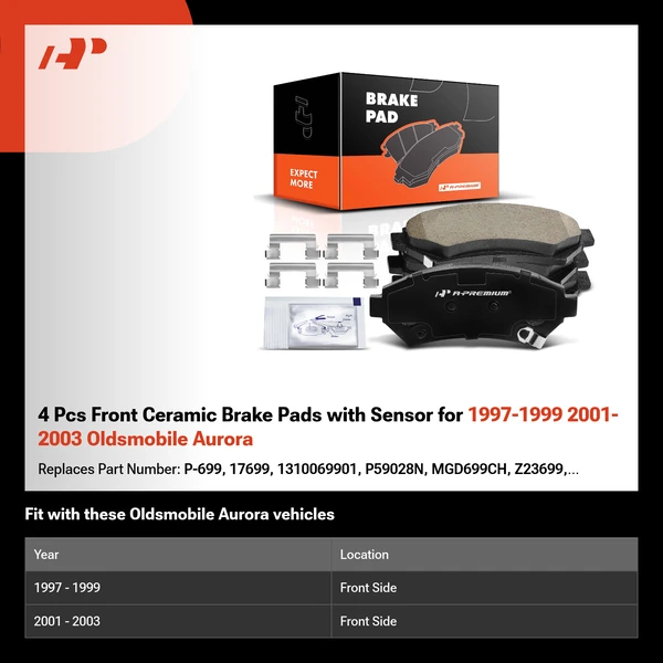 4 Pcs Front Ceramic Brake Pads with Sensor for 1997-1999 2001-2003 Oldsmobile Aurora