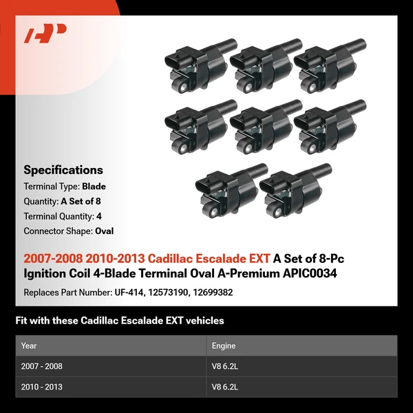2007-2008 2010-2013 Cadillac Escalade EXT A Set of 8-Pc Ignition Coil 4-Blade Terminal Oval A-Premium APIC0034
