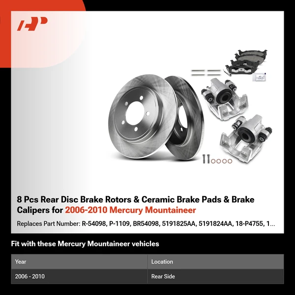 8 Pcs Rear Disc Brake Rotors & Ceramic Brake Pads & Brake Calipers for 2006-2010 Mercury Mountaineer