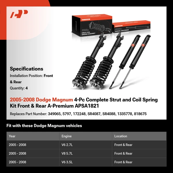 2005-2008 Dodge Magnum 4-Pc Complete Strut and Coil Spring Kit Front & Rear A-Premium APSA1821
