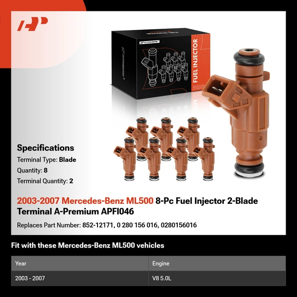 2003-2007 Mercedes-Benz ML500 8-Pc Fuel Injector 2-Blade Terminal A-Premium APFI046
