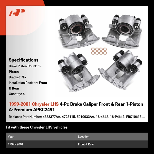 1999-2001 Chrysler LHS 4-Pc Brake Caliper Front & Rear 1-Piston A-Premium APBC2491
